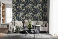 Dark Floral Bird and Blossom Wallpaper