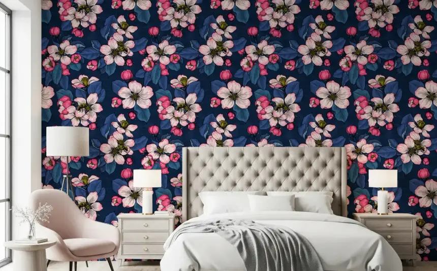 Apple Blossom on Dark Blue Wallpaper