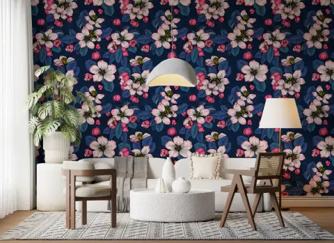 Dark Blue Floral Wallpaper with Pink Blossoms