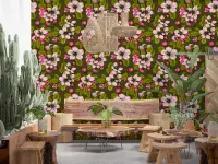 Olive Green Pink Bloom Botanical Wallpaper Mural
