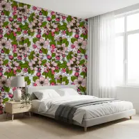 Pink Blossom Bee Garden Illustrated Wallpaper