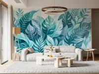 Verdant Teal Watercolor Leaves Wall Mural