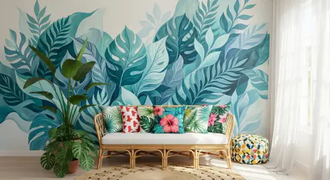 Verdant Teal Watercolor Leaves Wall Mural