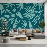 Deep Teal Cyan Botanical Cutout Pattern Wallpaper Mural