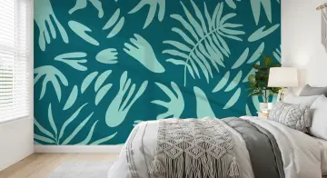 Deep Teal Cyan Botanical Cutout Pattern Wallpaper Mural
