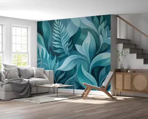 Aqua Teal Abstract Leaf Swirls Wallpaper Mural