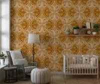 Golden Ochre Moth Geometric Scrollwork Wallpaper
