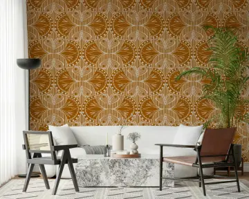 Golden Ochre Moth Geometric Scrollwork Wallpaper