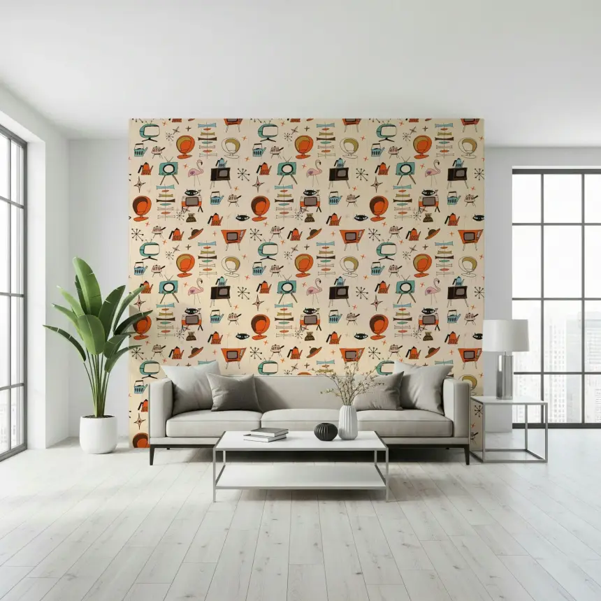 Atomic Retro Living Kitsch Beige Wallpaper
