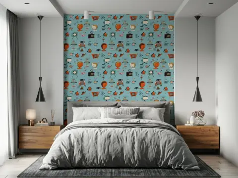 Teal Mid-Century Kitsch Atomic Age Icons Wallpaper