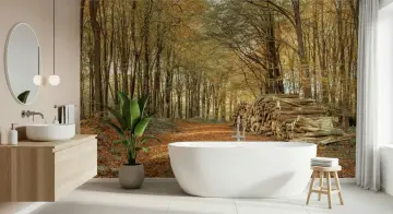 Golden Autumn Woods Log Stack Wallpaper Mural