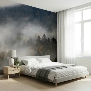 Verdant Forest Peaks Veiled in Fog Wallpaper Mural