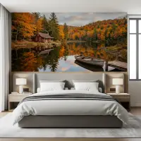 Autumn Lakeside Cabin Wall Mural