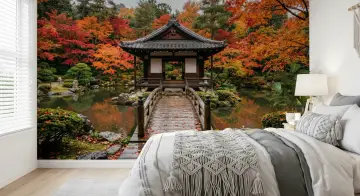 Japanese Garden Autumn Bridge Wall Mural