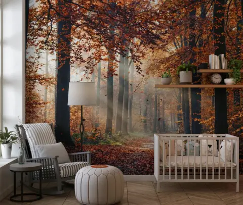 Misty Golden Autumn Forest Sunrays Path Wallpaper Mural