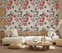 Crimson Hummingbird Floral Wallpaper