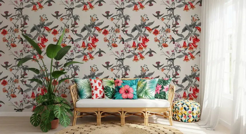 Crimson Flower Aviary Wallpaper