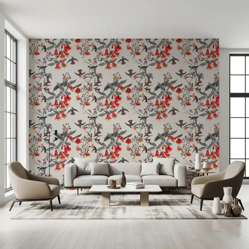 Crimson Flower Aviary Wallpaper