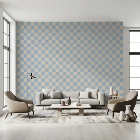 Blue and Beige Checkered Wave Wallpaper