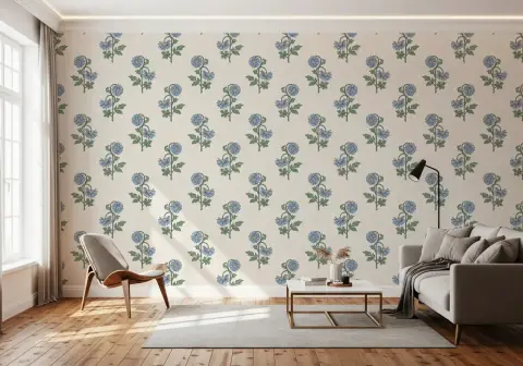 Blue Floral Stem Wallpaper