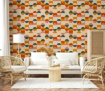 Interlocking Retro Geometric Circles Squares Wallpaper Orange Teal