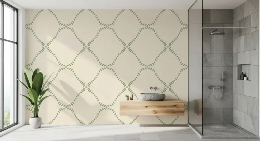 Beachy Boho Costal Green Dotted Lattice Wallpaper