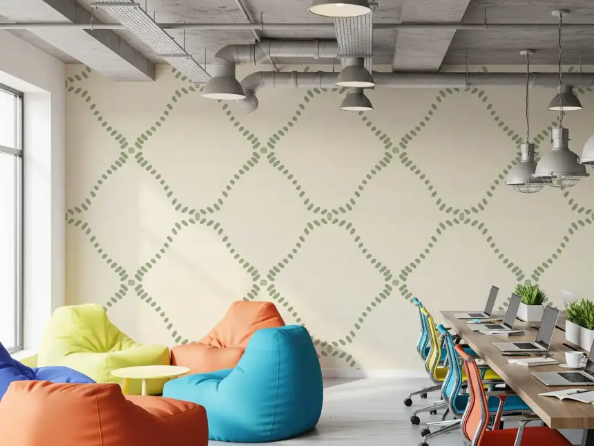 Beachy Boho Costal Green Dotted Lattice Wallpaper