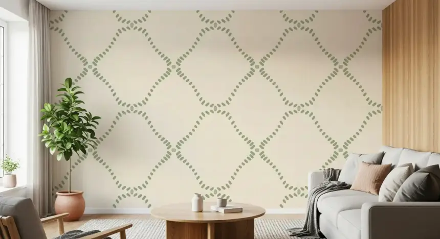 Beachy Boho Costal Green Dotted Lattice Wallpaper