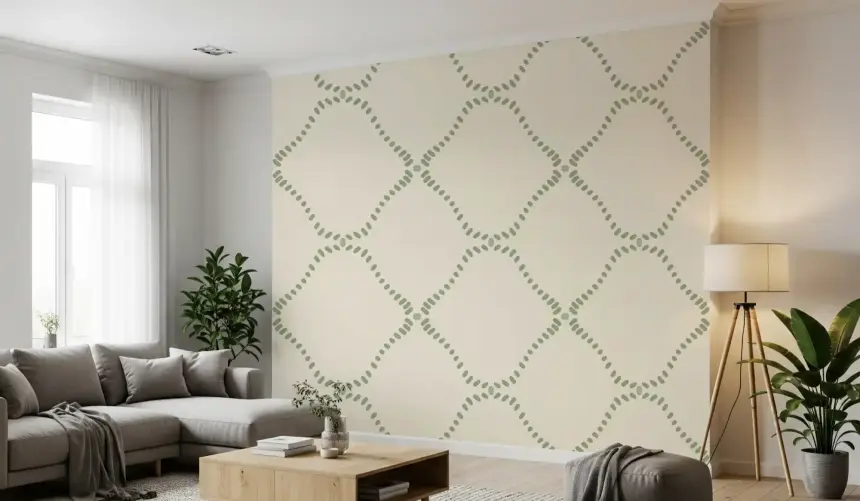 Beachy Boho Costal Green Dotted Lattice Wallpaper