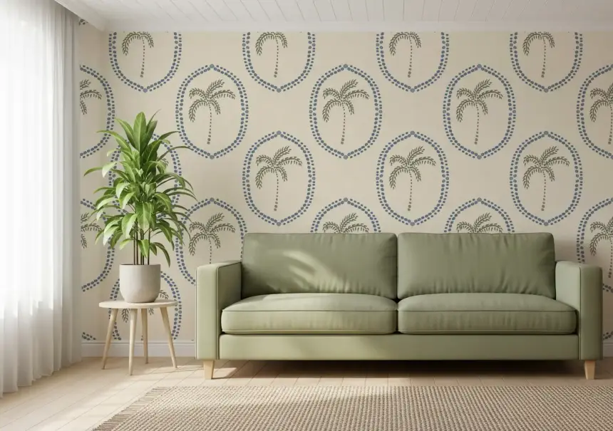 Beachy Boho Palm Oasis Slate Blue Medallion Wallpaper
