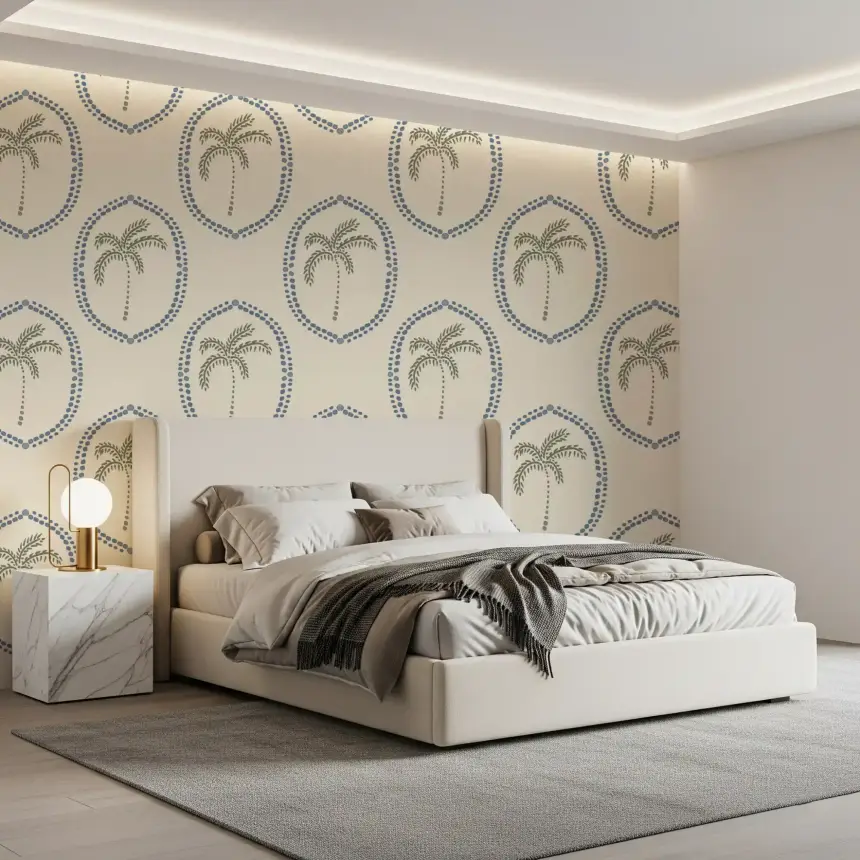 Beachy Boho Palm Oasis Slate Blue Medallion Wallpaper