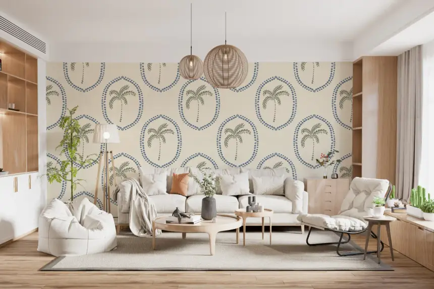 Beachy Boho Palm Oasis Slate Blue Medallion Wallpaper