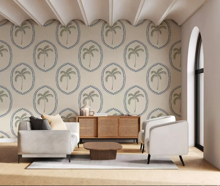 Beachy Boho Palm Oasis Slate Blue Medallion Wallpaper