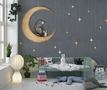 Celestial Bear Bunny Moon Grey Wallpaper Mural