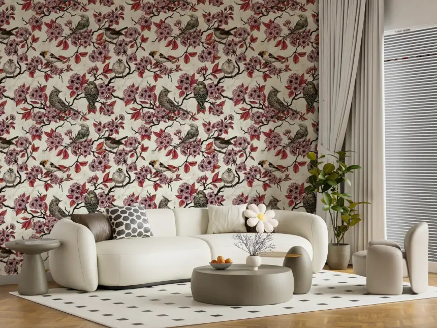 Birds and Cherry Blossom on Ivory Wallpaper