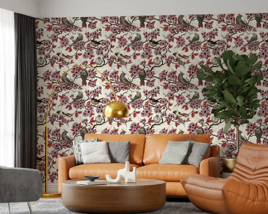 Birds and Cherry Blossom on Ivory Wallpaper
