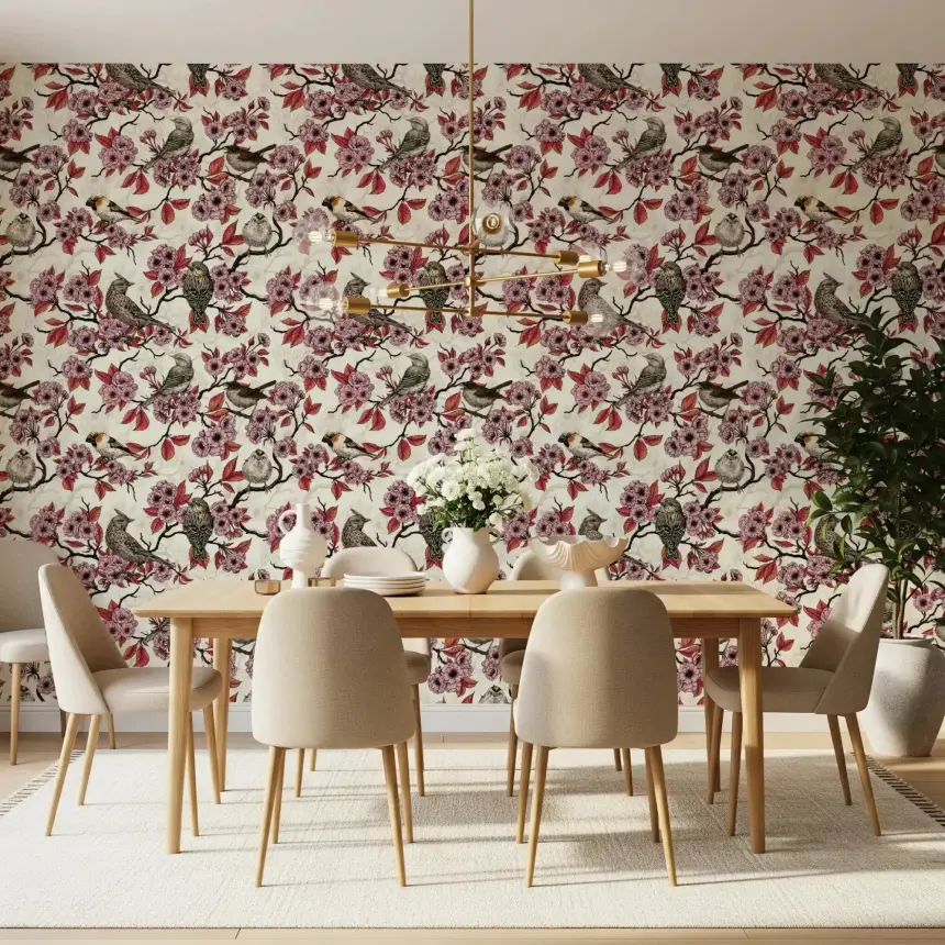 Birds and Cherry Blossom on Ivory Wallpaper