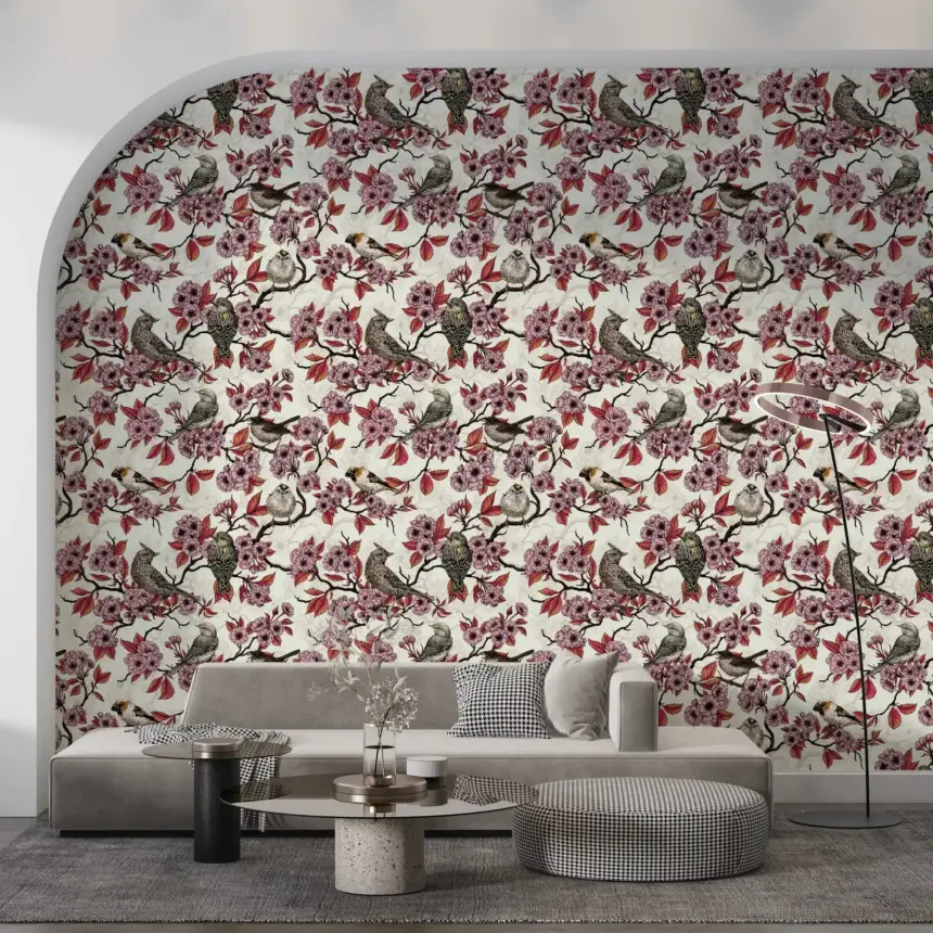 Birds and Cherry Blossom on Ivory Wallpaper