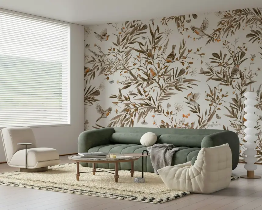 Birds & Blooms: Sepia Serenity Wall Mural