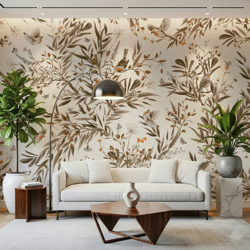 Birds & Blooms: Sepia Serenity Wall Mural
