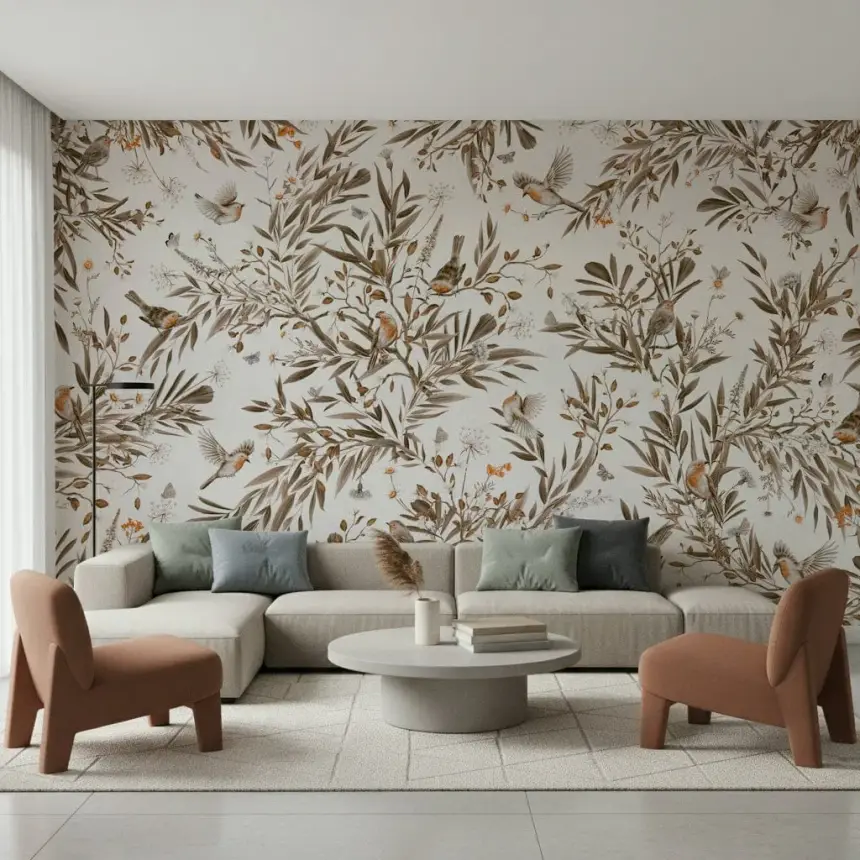 Birds & Blooms: Sepia Serenity Wall Mural