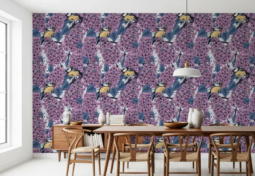 Birds in Violet Lilac Garden Wallpaper