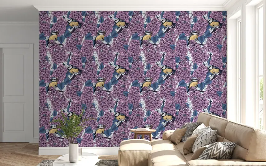 Birds in Violet Lilac Garden Wallpaper