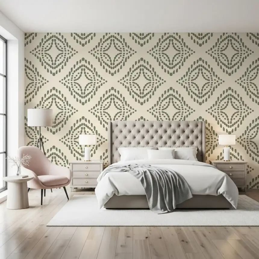Block Print Ornament Palm Green Wallpaper