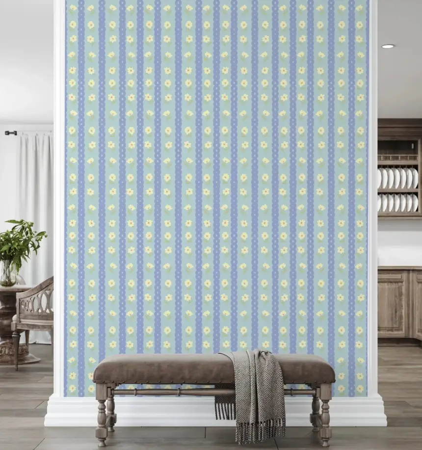 Blue Bloom Stripes Wallpaper
