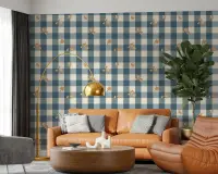 Blue Gingham Floral Wallpaper