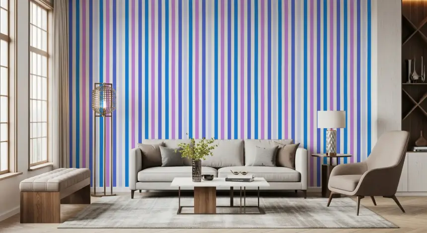Blue & Lilac Vertical Harmony Stripes Wallpaper