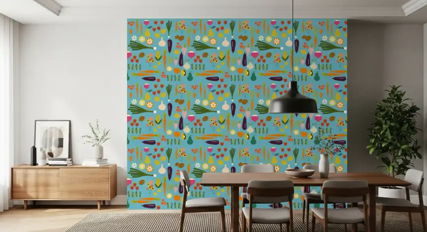 Blue Veggie Wallpaper Mid Century Modern Kitchen Wallpaper
