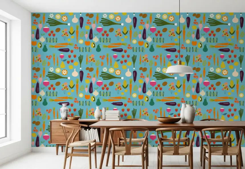 Blue Veggie Wallpaper Mid Century Modern Kitchen Wallpaper