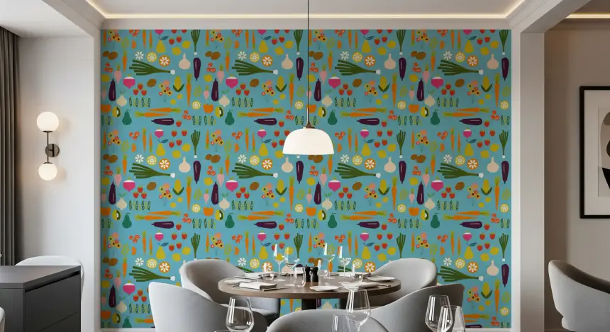 Blue Veggie Wallpaper Mid Century Modern Kitchen Wallpaper